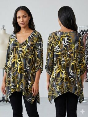 Lior Paris Geometric V-Neck Asymmetric Tunic Top L